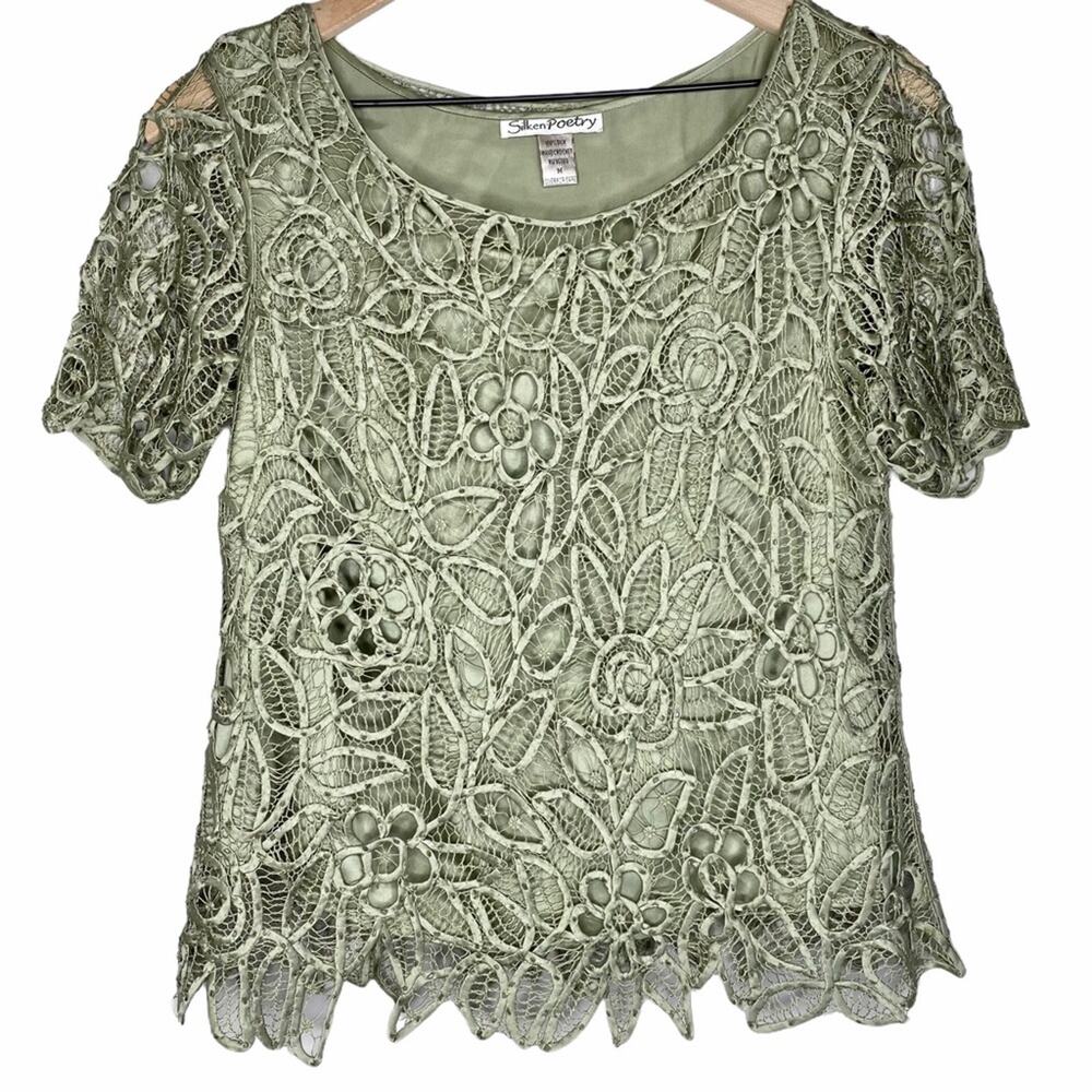 Silken Poetry Green Silk Crochet Floral Lace Blouse M Beaded Boho Top